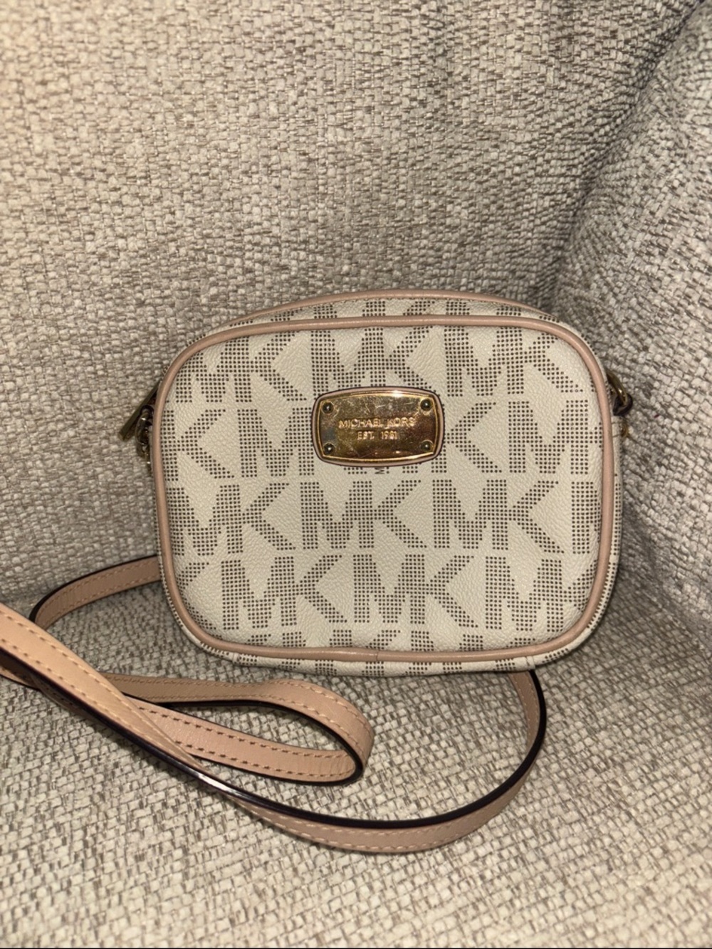Michael Kors Beige Logo print Crossbody with Gold Plaque